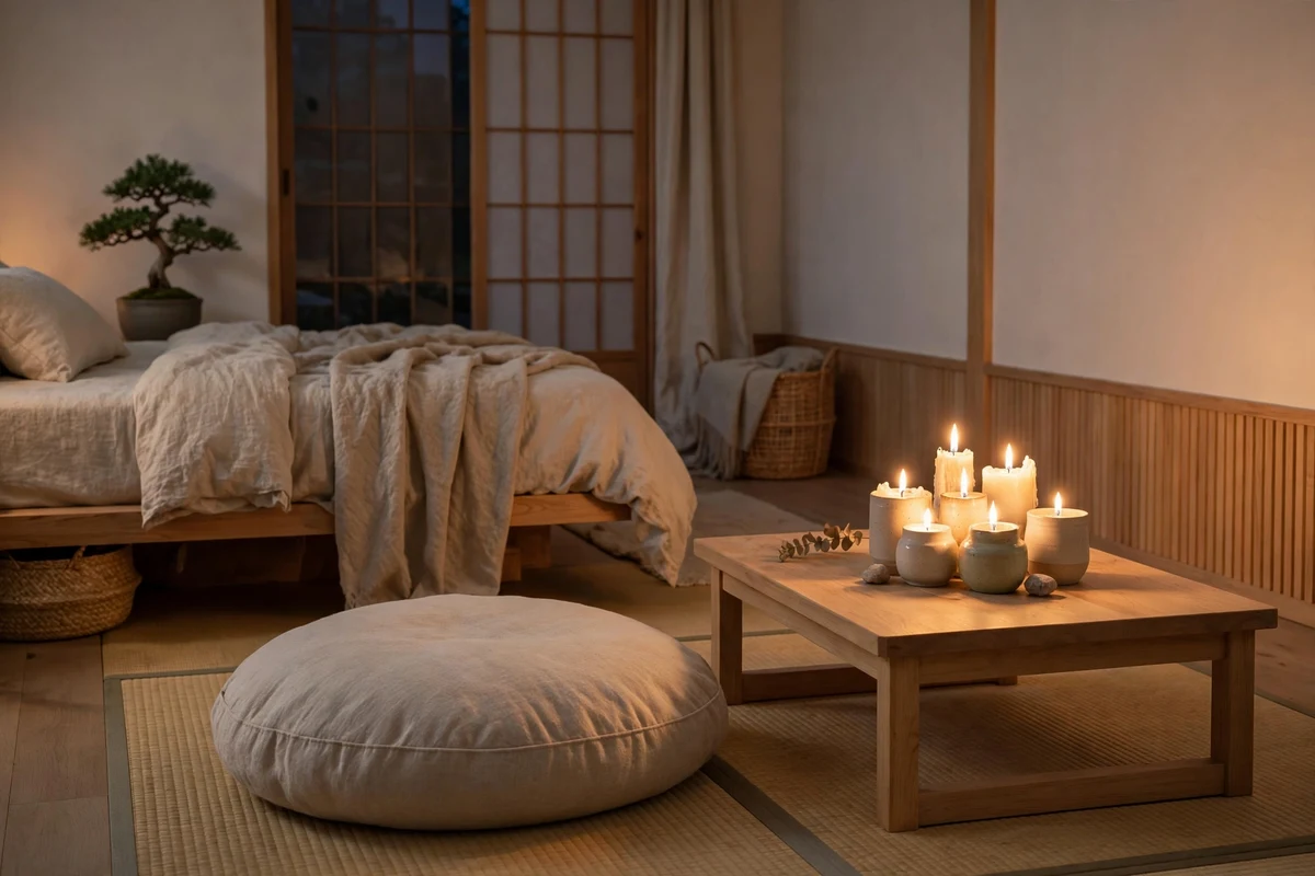 Candlelit wind down corner with floor cushion in a Japandi bedroom