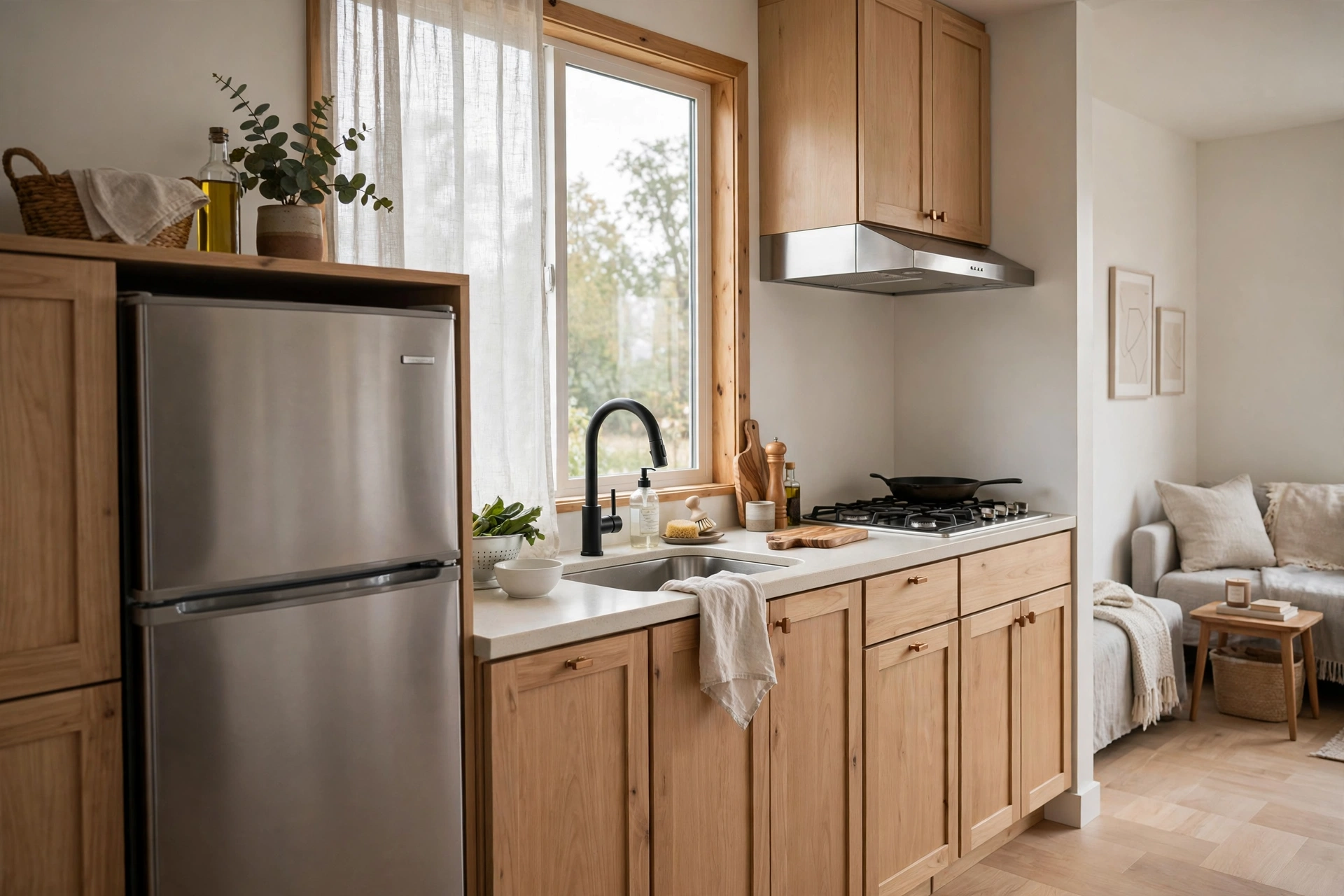 Efficient galley kitchen layout in a studio apartment with clear workflow between sink stove and fridge