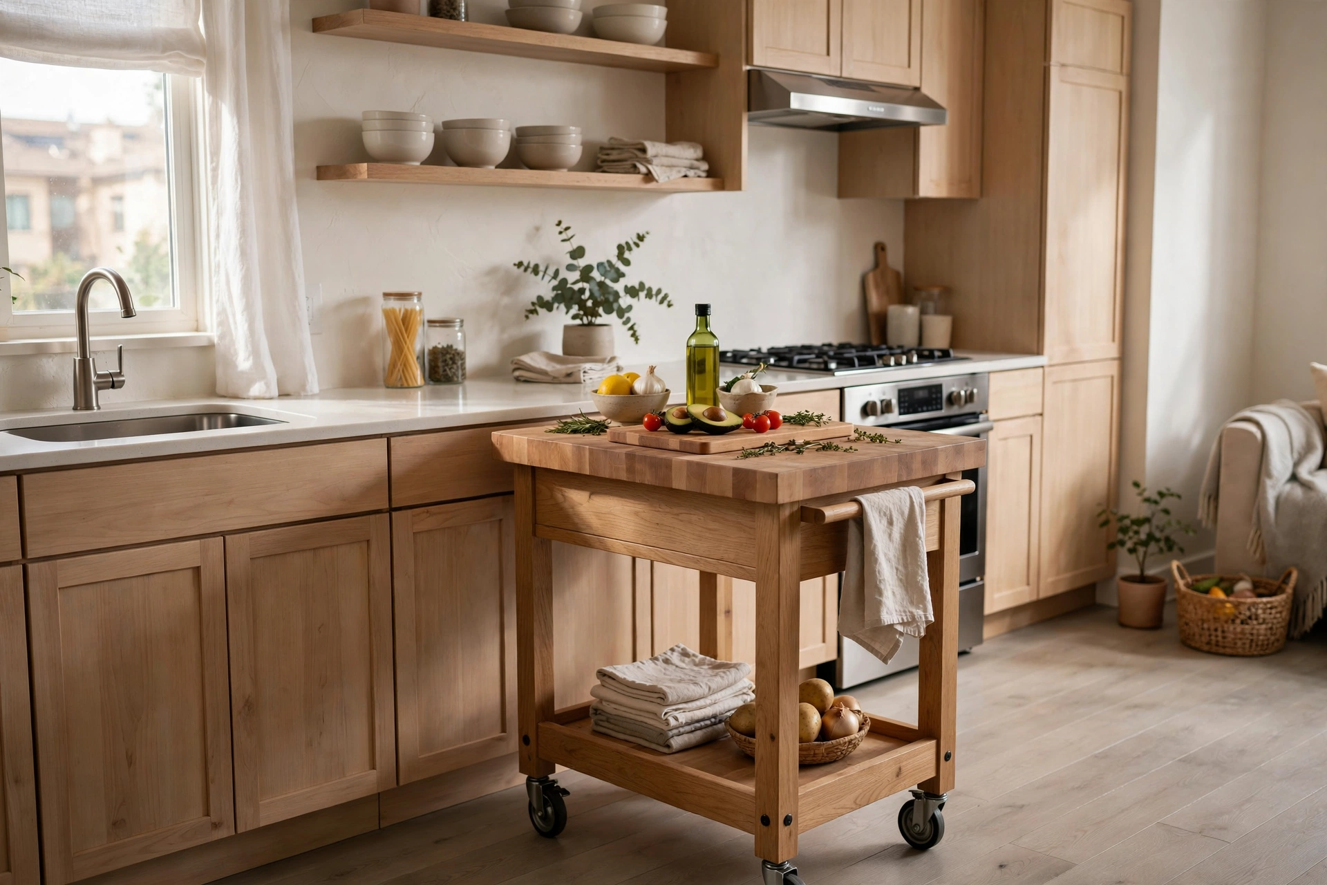 Wooden rolling kitchen cart with butcher block top as extra counter in a small studio kitchen
