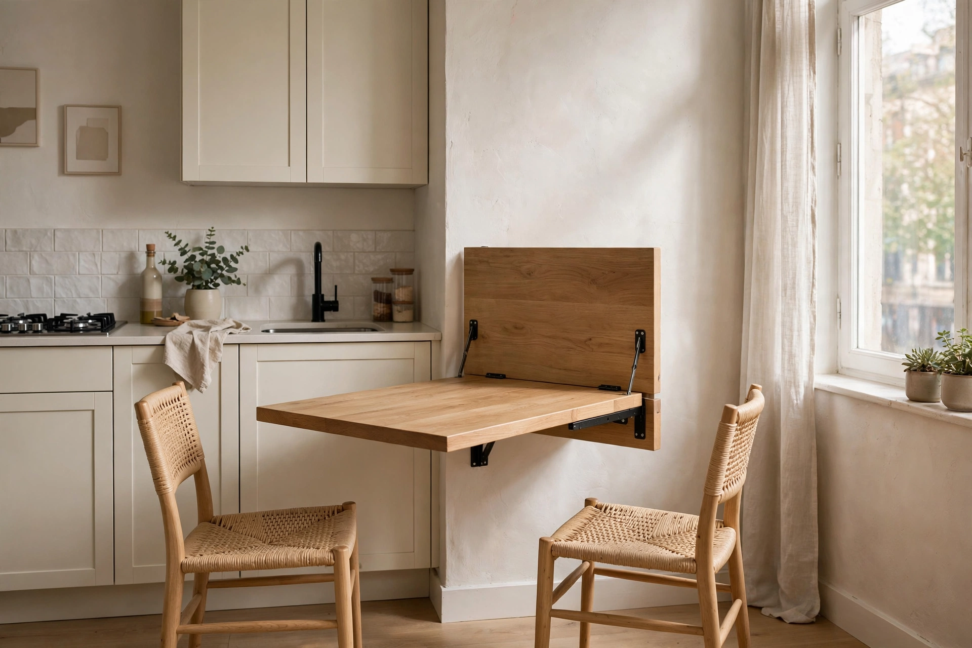 Wall-mounted fold-down dining table open in a small studio apartment kitchen nook