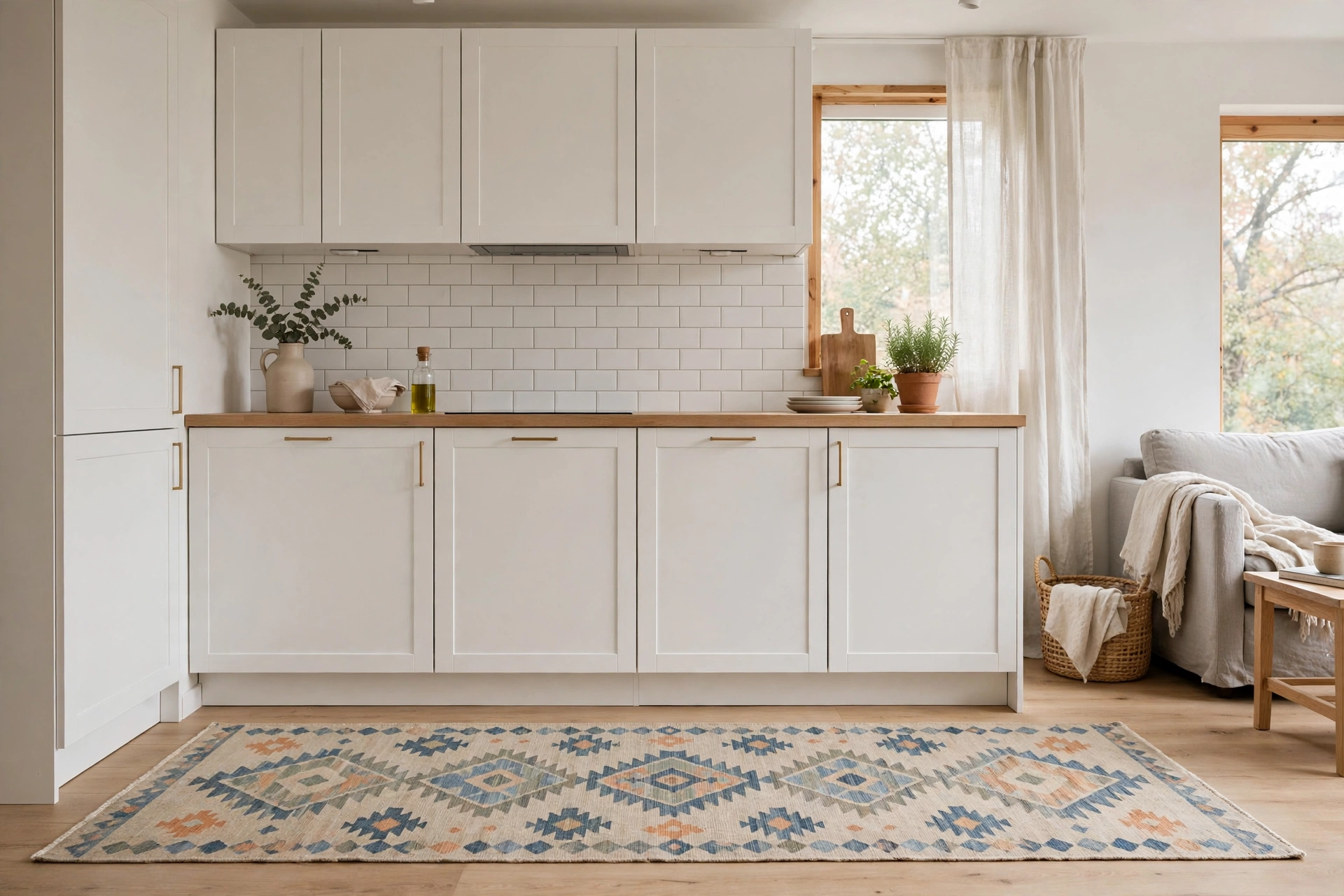 Washable patterned runner rug defining a small open-plan studio kitchen zone