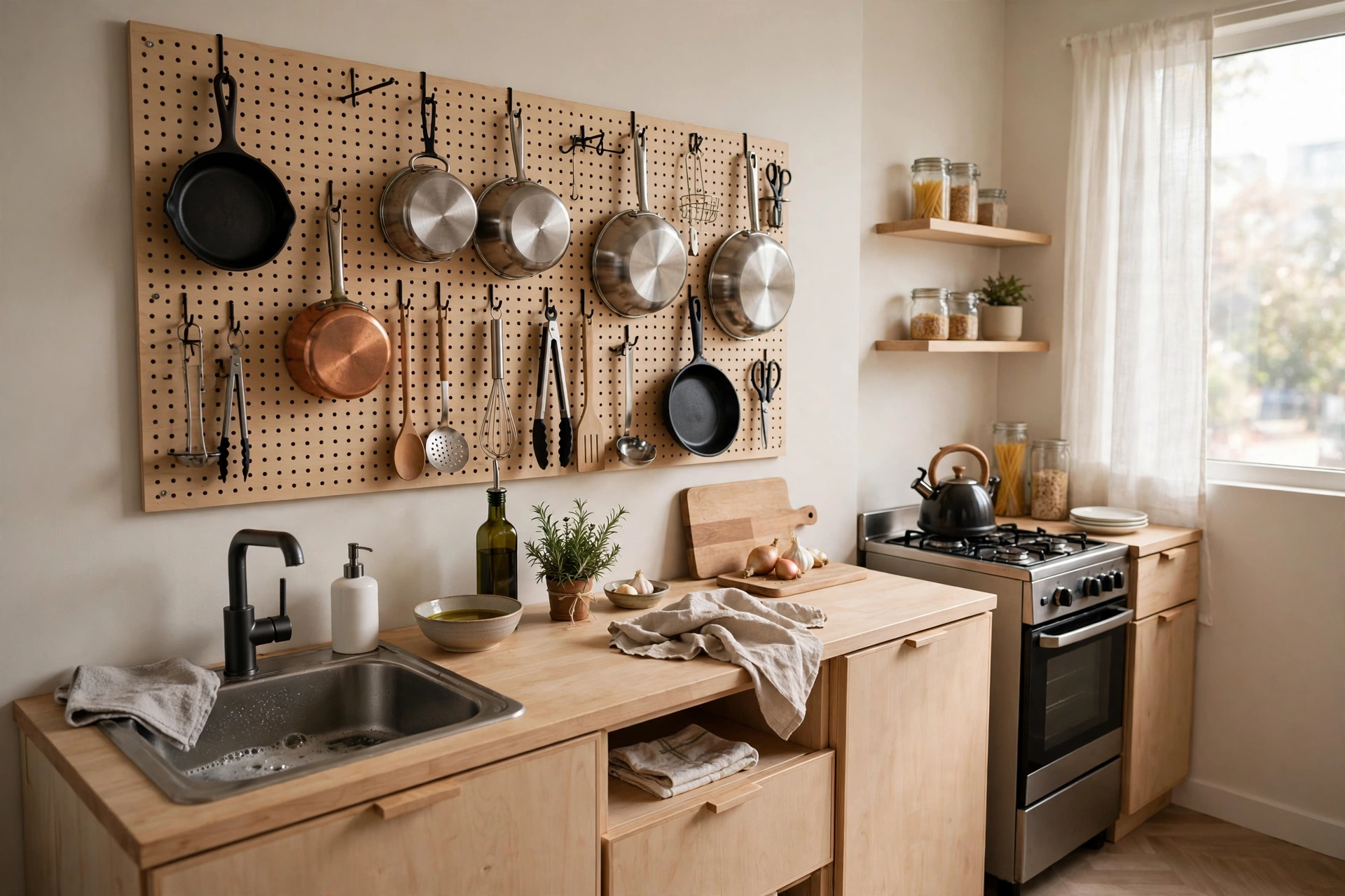 Pegboard wall with hanging pots utensils and pans in a small studio apartment kitchen