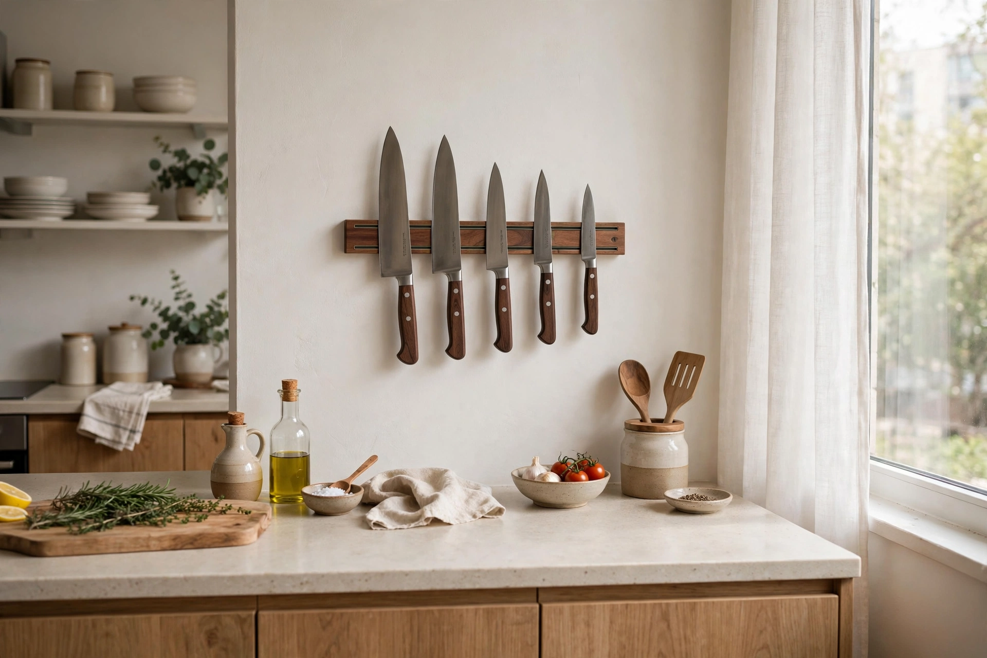 Wooden magnetic knife strip holding chef knives on a studio kitchen wall