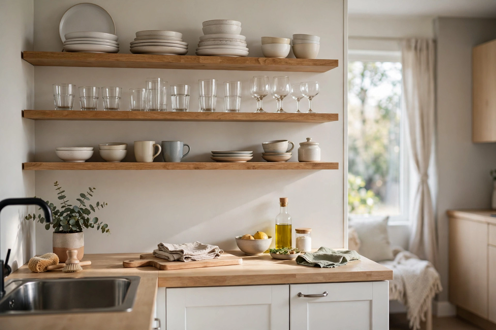 Open floating wood shelves with dishes and glasses in a bright small studio kitchen