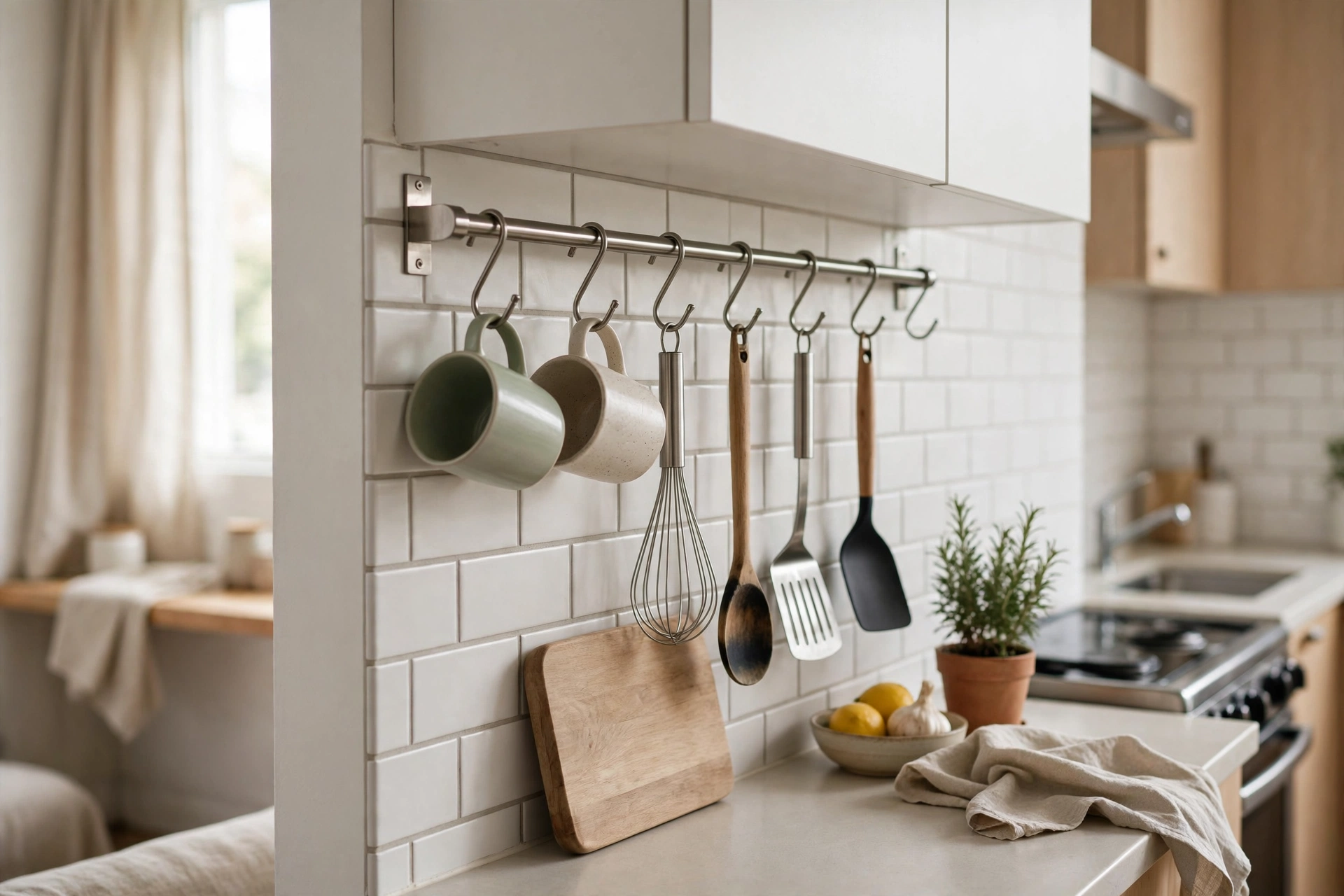 Stainless kitchen rail with S-hooks holding mugs and utensils on a studio kitchen backsplash