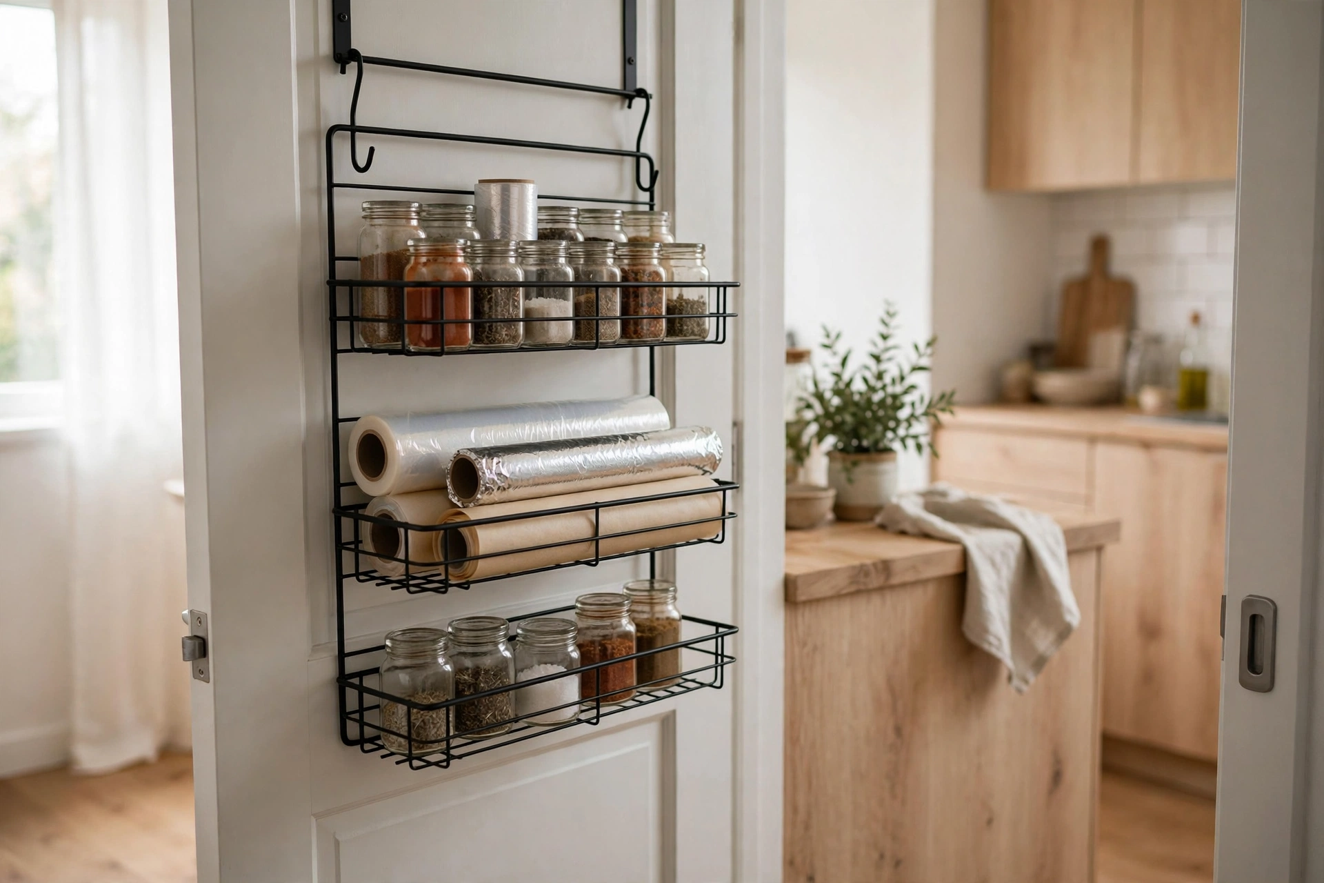 Over-the-door wire organizer with spices and wraps inside a studio kitchen pantry door
