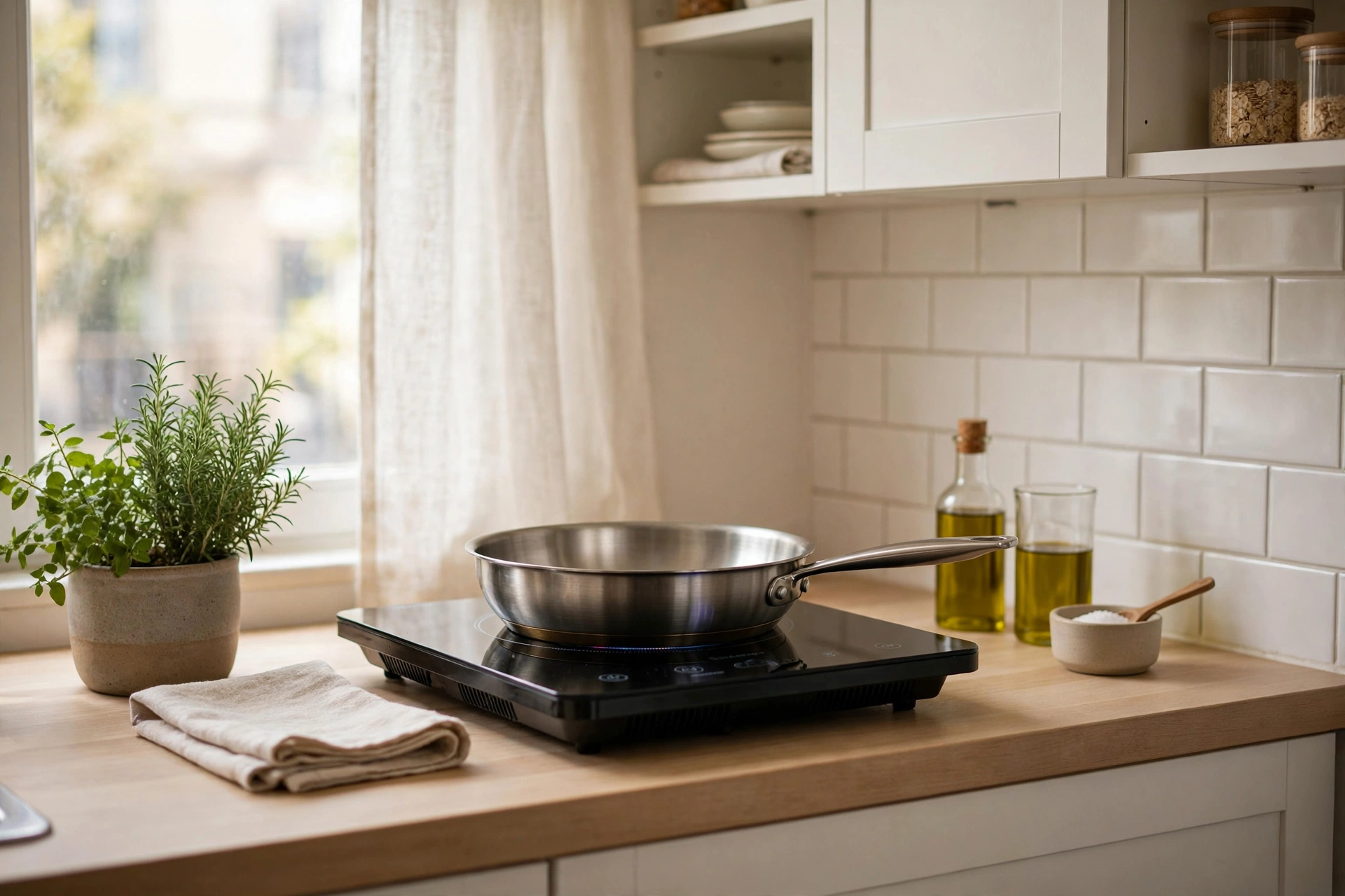 Portable induction cooktop burner with a pan on a small studio apartment kitchen counter