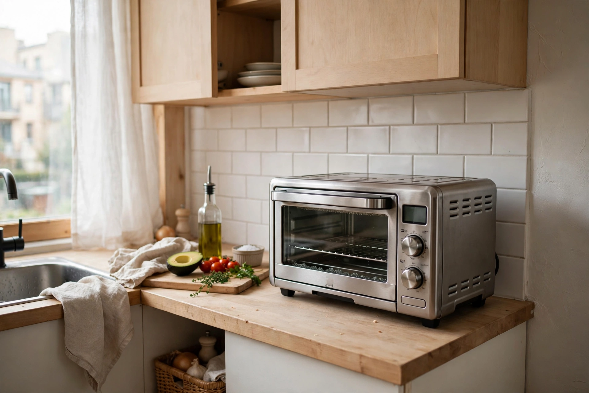 Stainless toaster oven air fryer on a small studio kitchen countertop