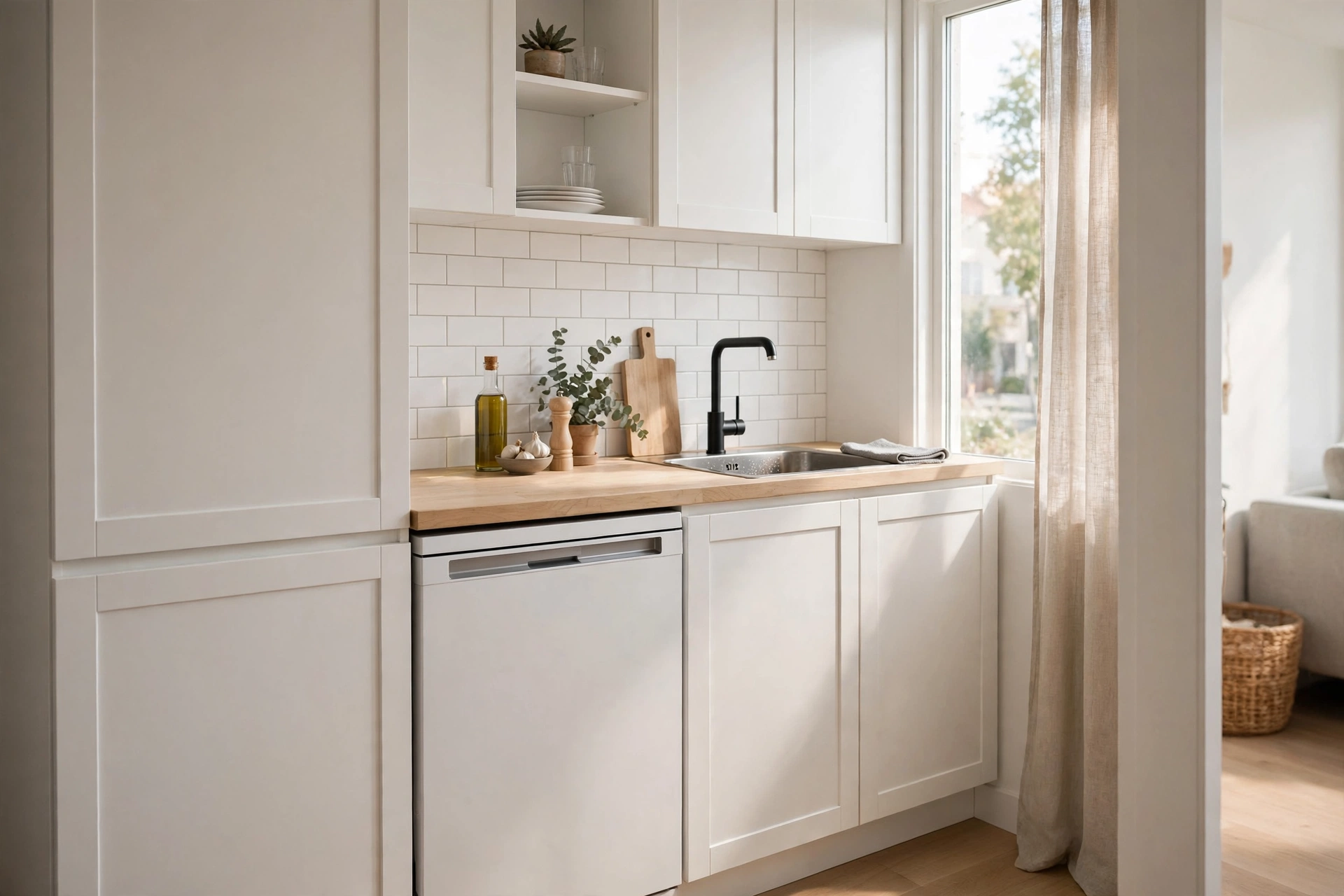 Slim 18-inch dishwasher integrated into narrow studio apartment kitchen cabinetry