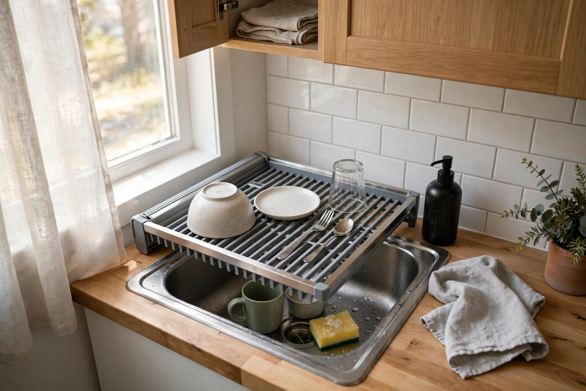 Compact roll-up dish drying rack over a small studio kitchen sink
