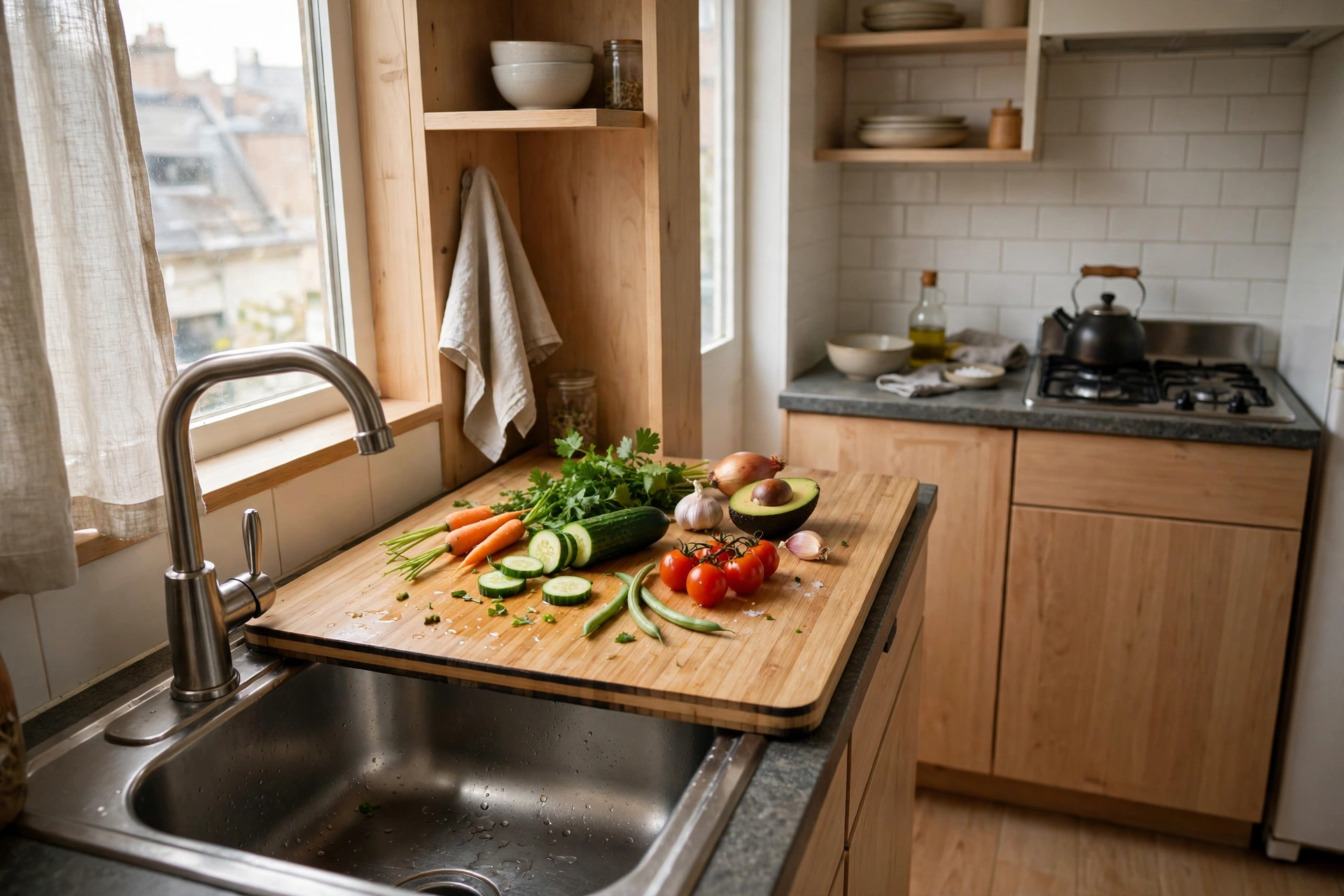 Bamboo over-the-sink cutting board creating extra prep space in a tiny studio kitchen