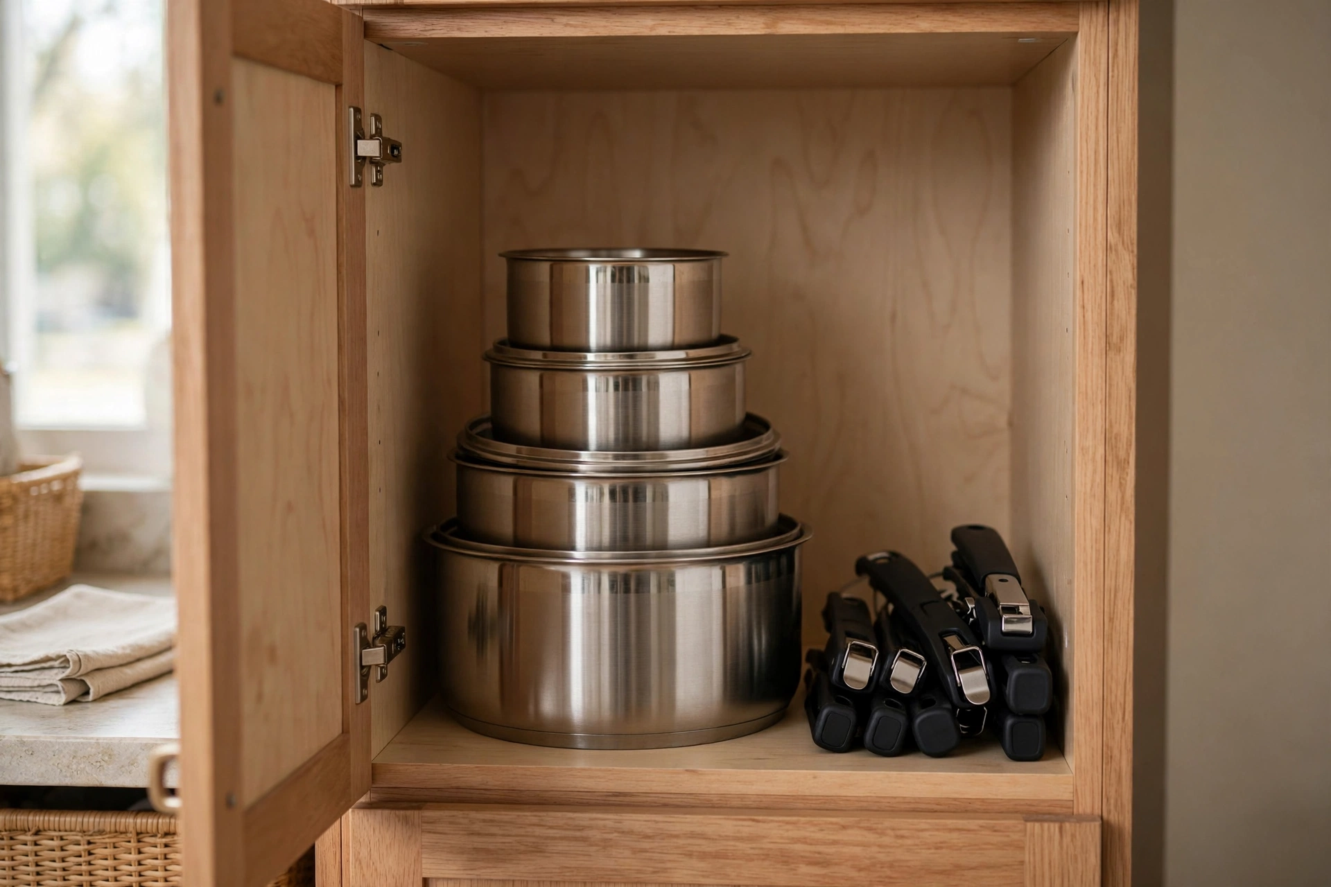 Nesting stackable pots and pans with removable handles stored compactly in a studio kitchen