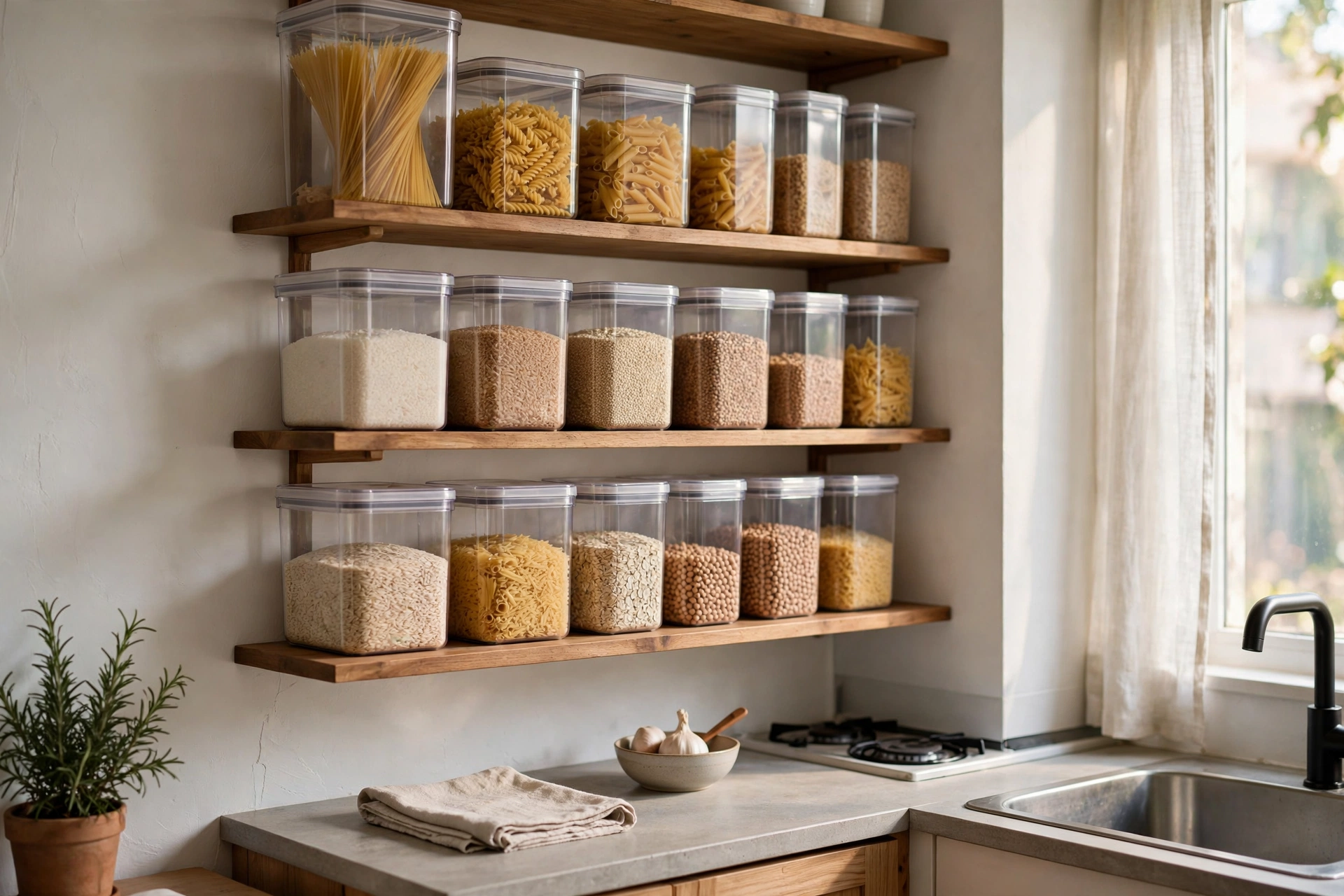 Uniform clear pantry containers with dry goods neatly stacked in a small studio kitchen