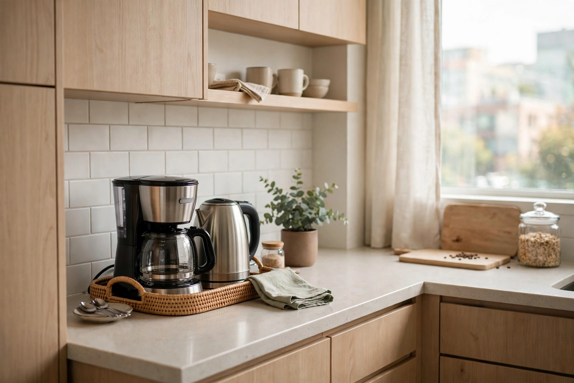 Small appliances corralled in one tidy zone on a studio apartment kitchen counter