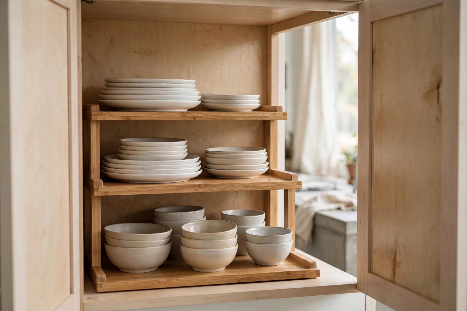 Tiered shelf risers doubling storage inside a small studio kitchen cabinet