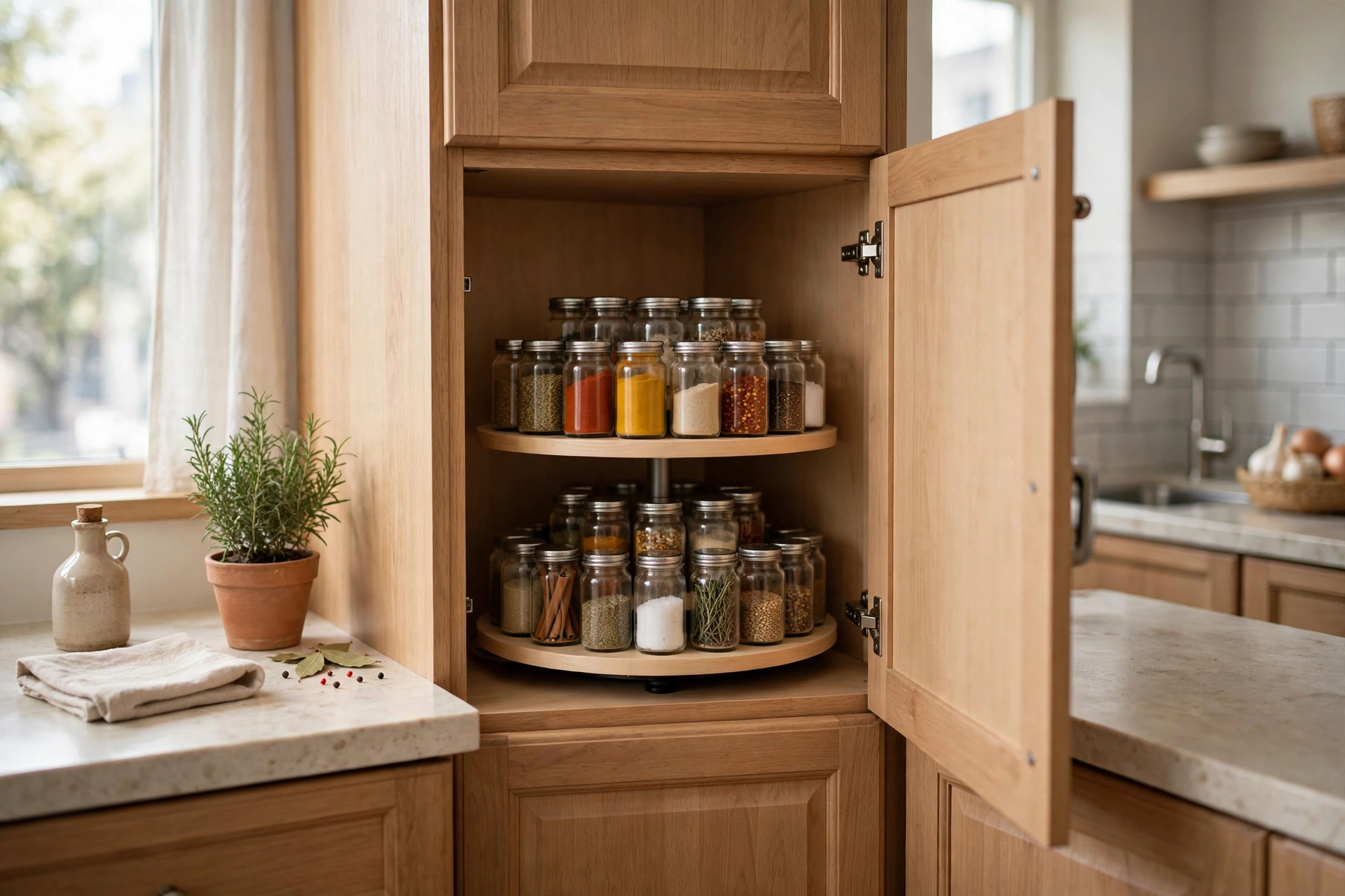Two-tier lazy Susan turntable with spices in a studio apartment kitchen corner cabinet