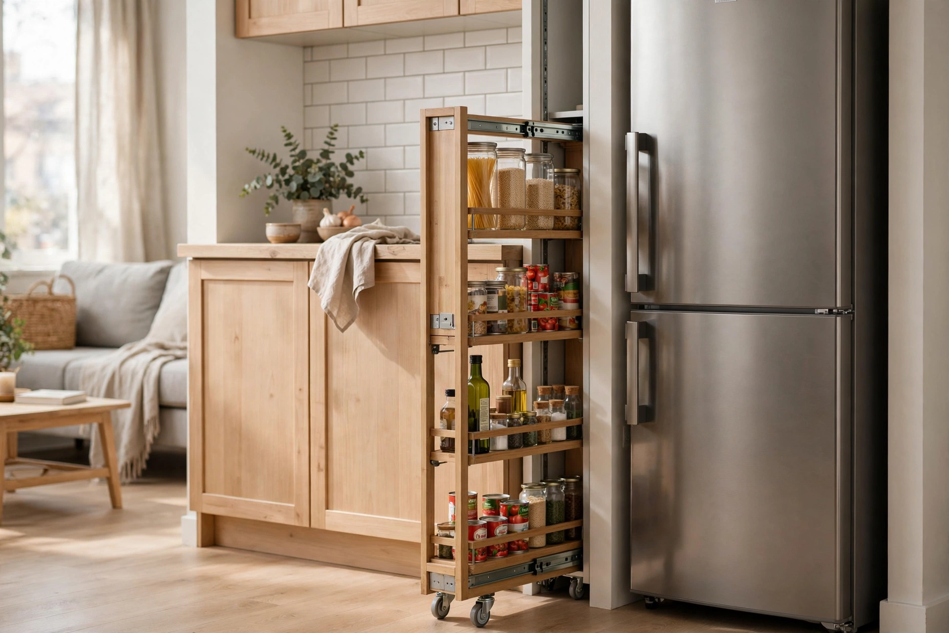 Slim pull-out pantry sliding from the narrow gap beside a fridge in a studio kitchen
