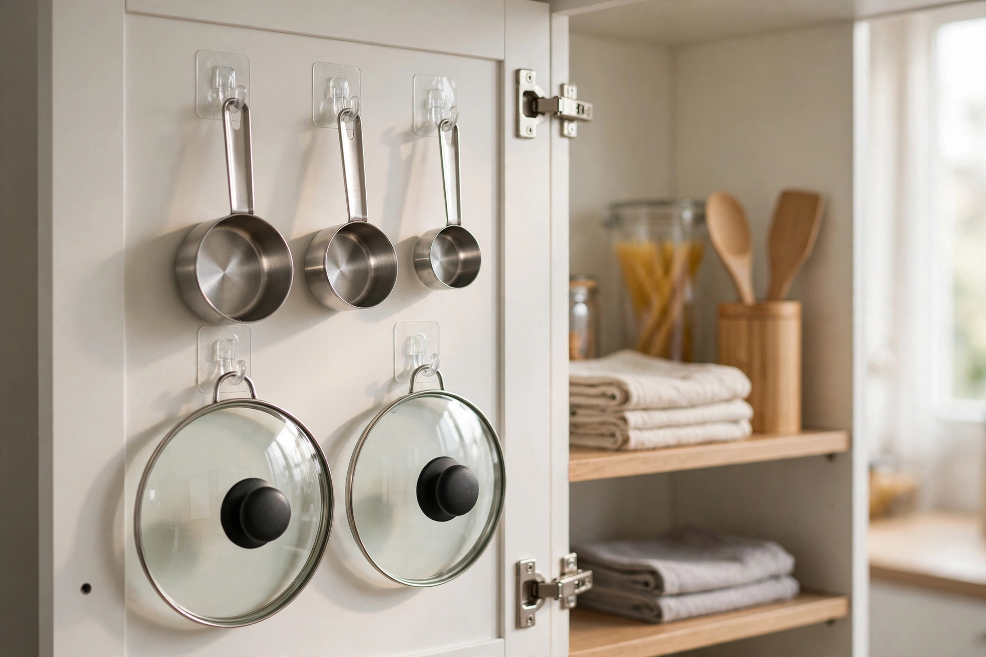 Adhesive hooks holding measuring cups inside a studio kitchen cabinet door