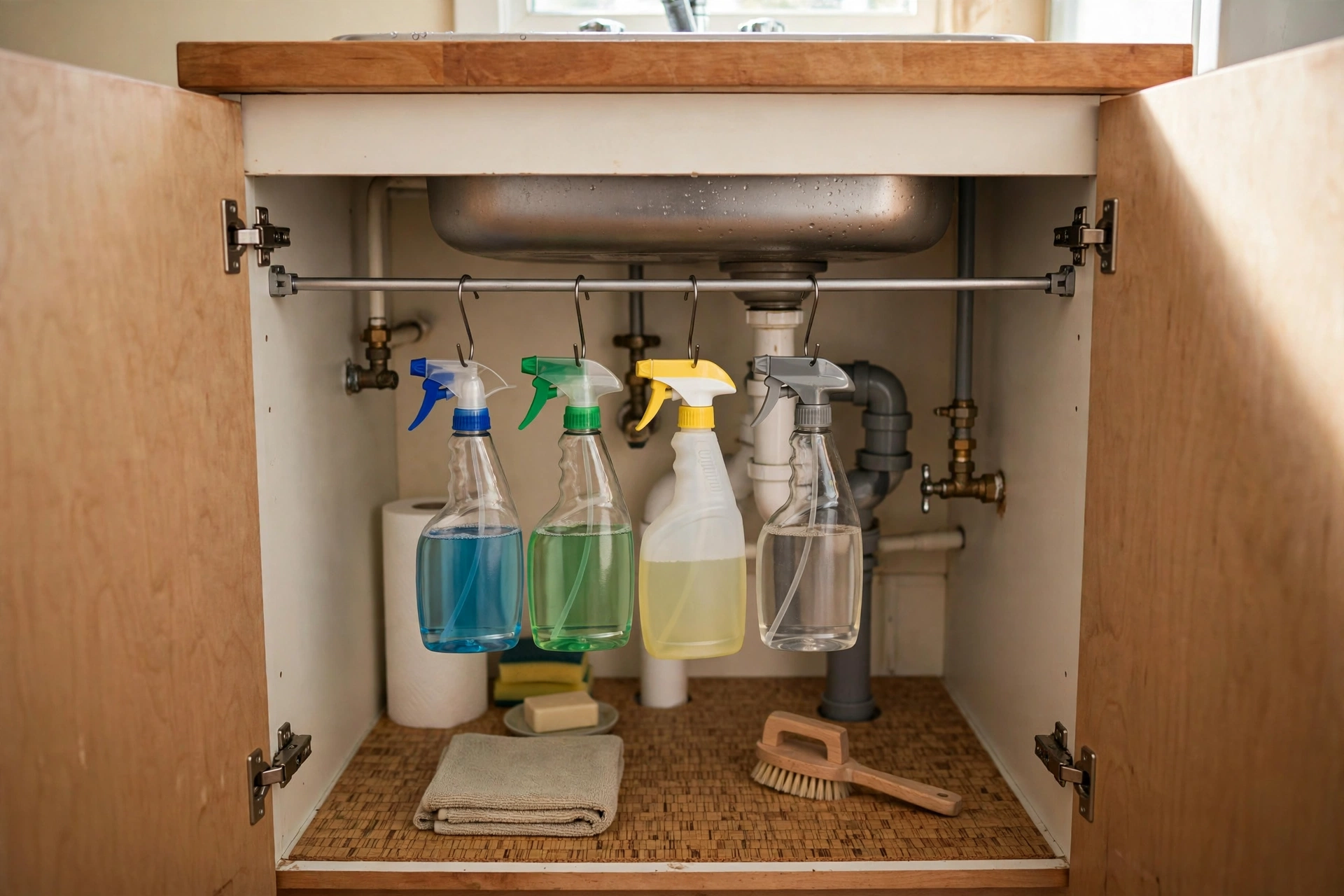 Tension rod with hanging spray bottles organizing under-sink space in a studio kitchen