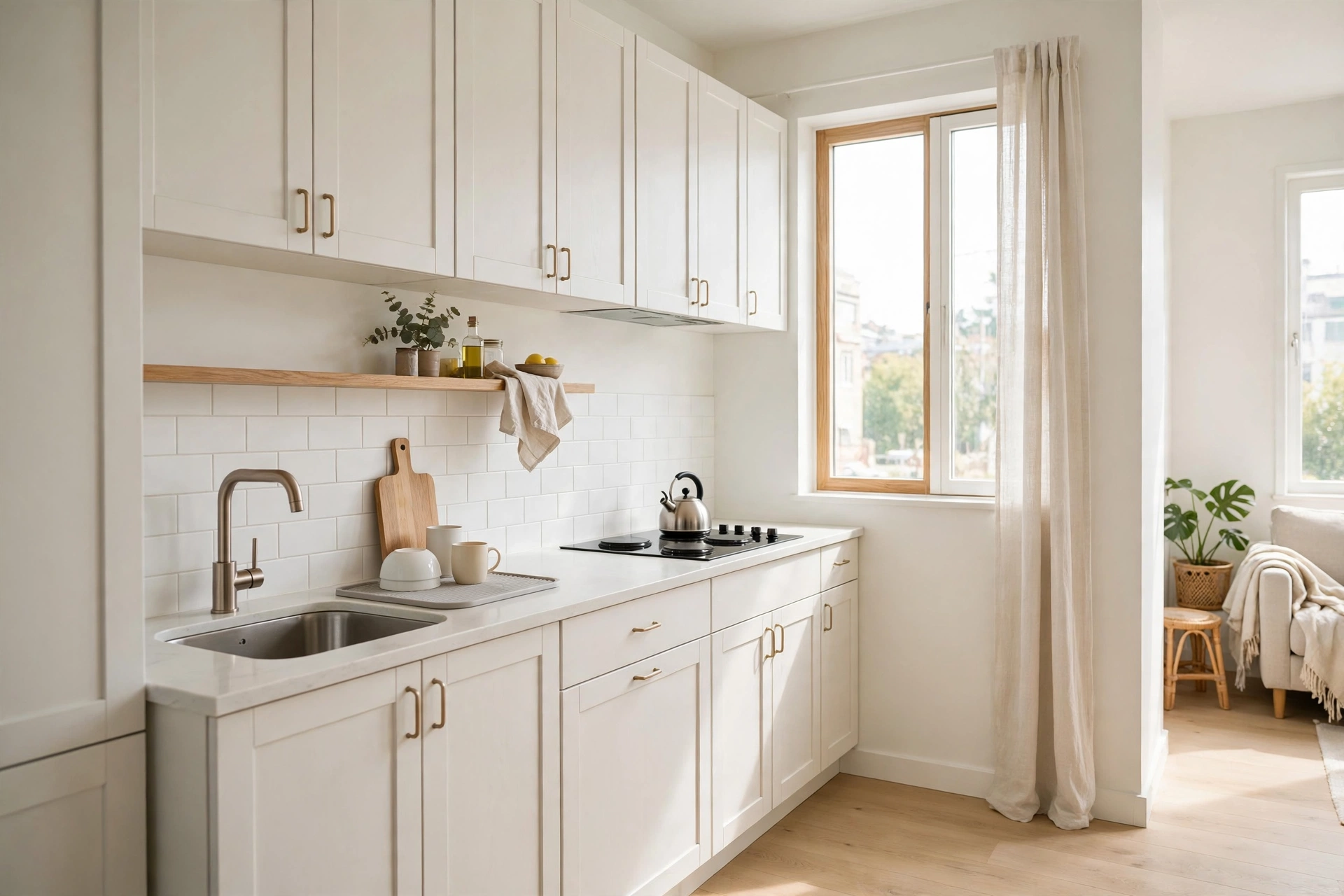 Bright white small kitchen with light cabinets feeling spacious in a studio apartment