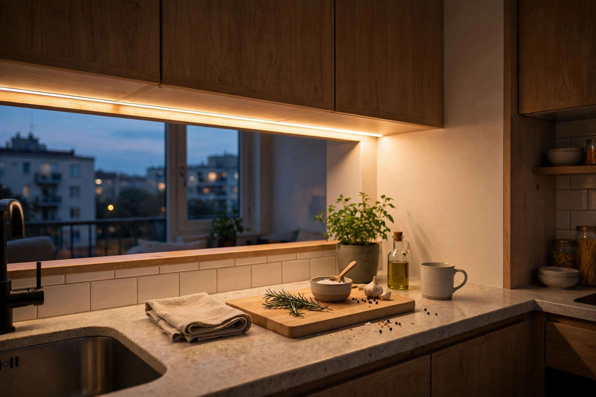 Warm under-cabinet LED strip lighting illuminating a small studio kitchen countertop