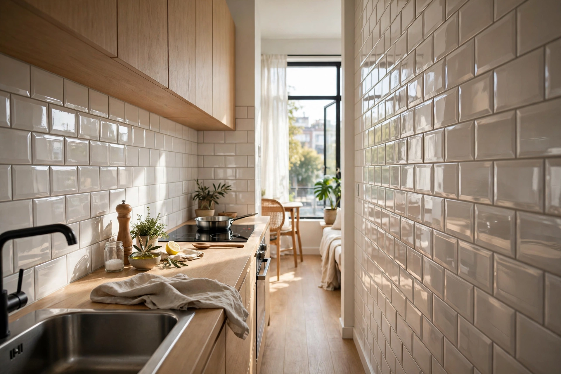 Glossy reflective subway tile backsplash adding depth to a narrow studio kitchen