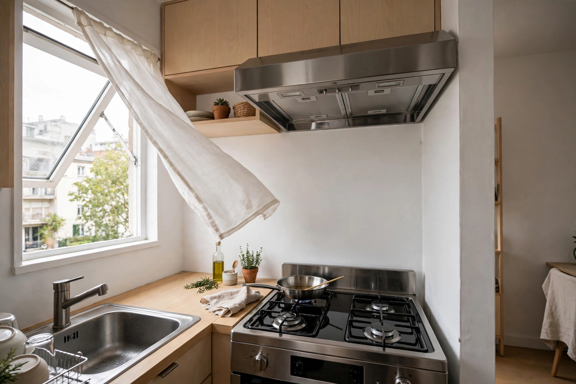Range hood venting over a stove with window open for cross-breeze in a studio kitchen