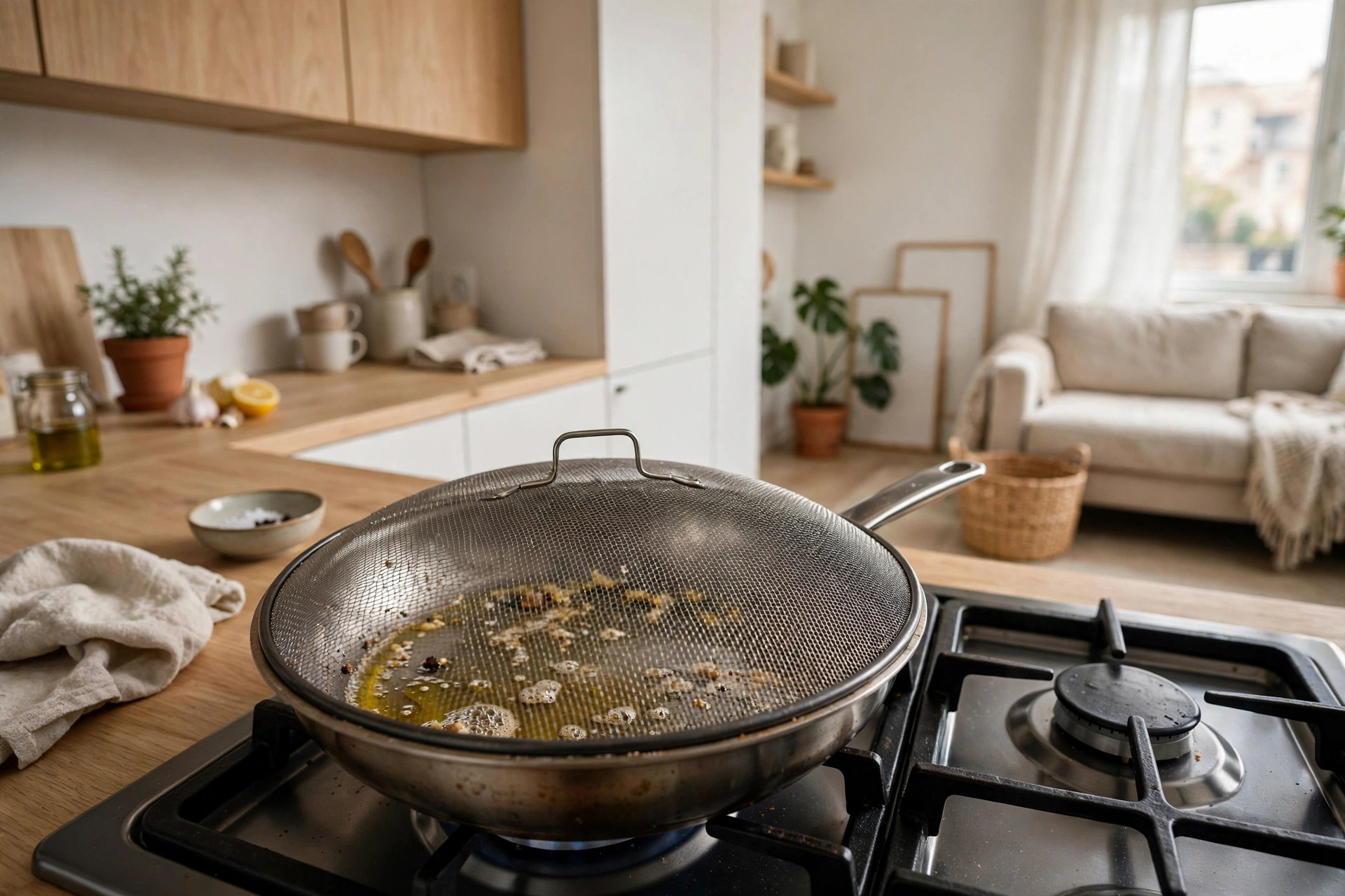 Splatter screen over a frying pan containing grease in a small open-plan studio kitchen