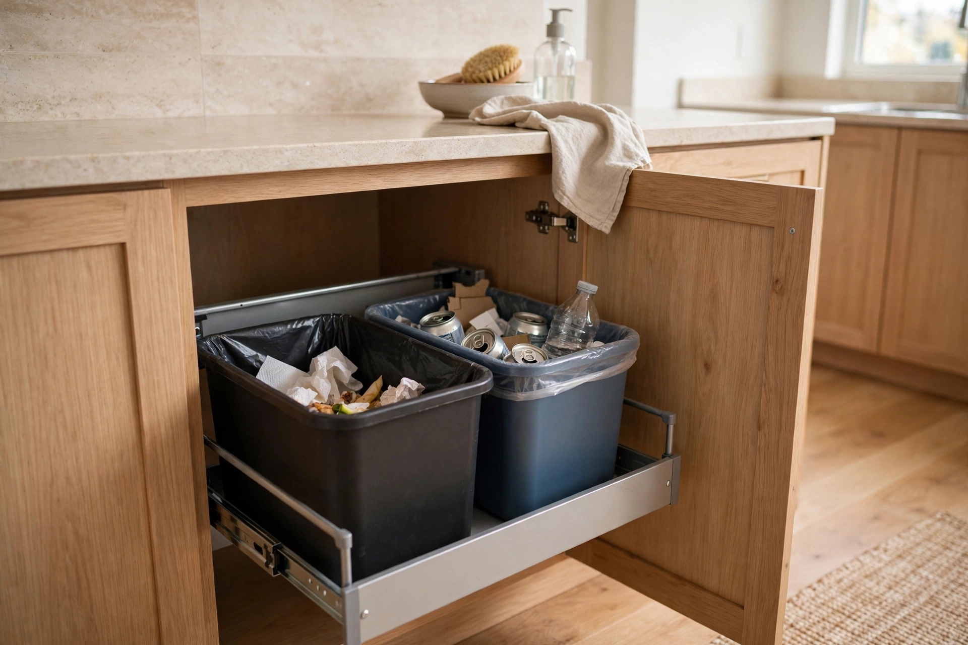 Pull-out double trash and recycling bins hidden inside a studio kitchen base cabinet