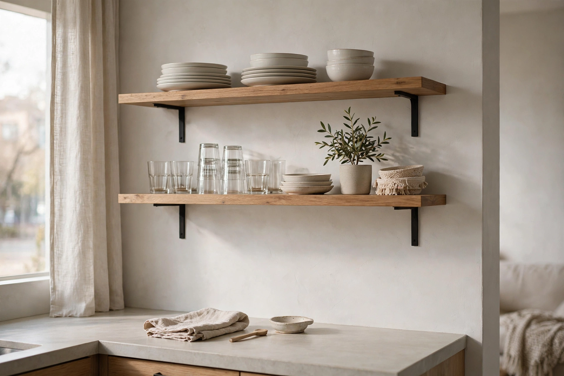 Minimally styled open kitchen shelves with dishes and a plant in a studio apartment