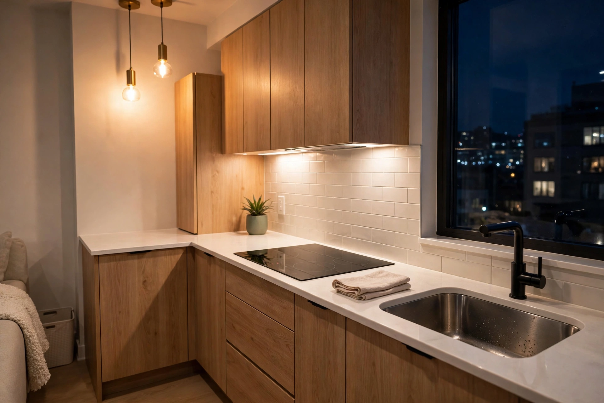 Sparkling clean small studio kitchen at night after a quick reset routine