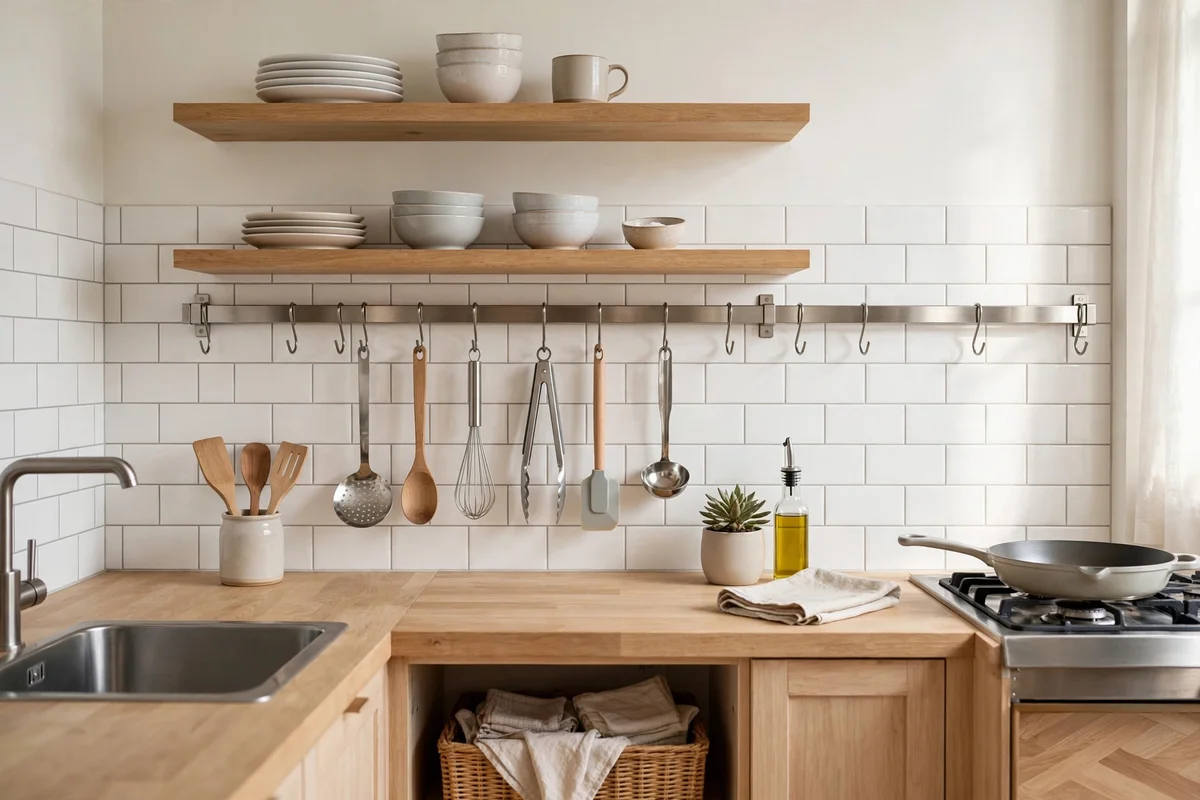 Small kitchen using vertical wall storage with rail, hooks and floating shelves