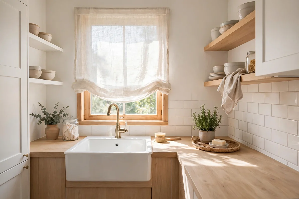 Bright small kitchen with sheer shade letting natural light flood in