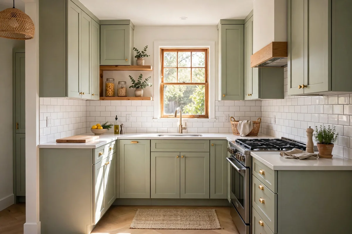 Small kitchen with light sage cabinets that brighten the space