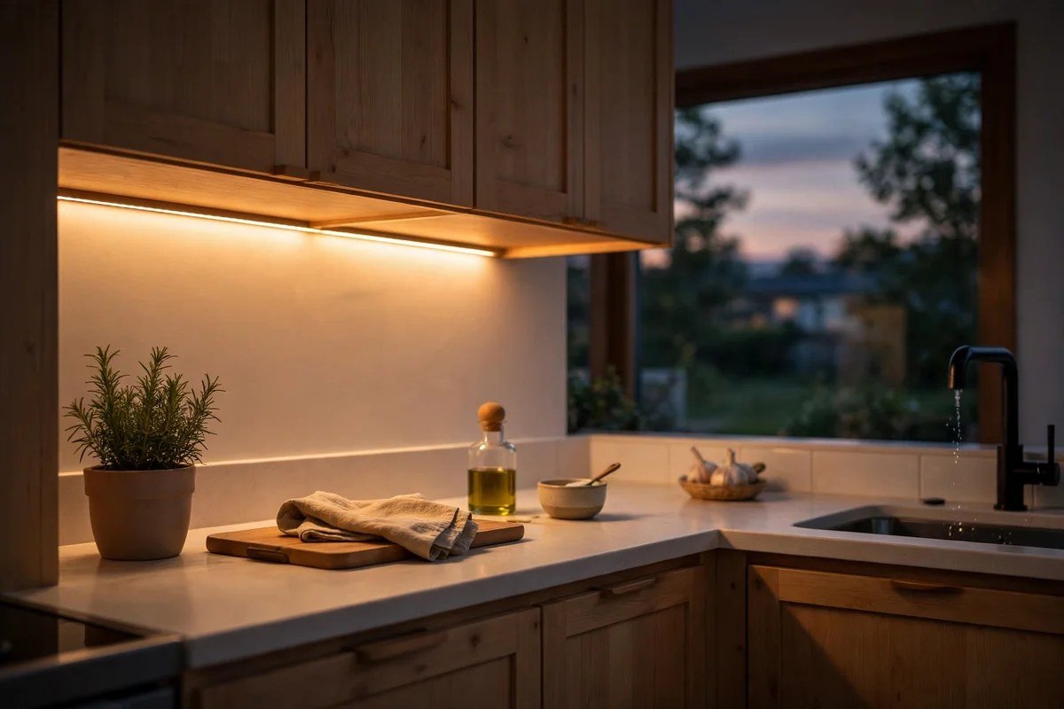 Small kitchen countertop glowing with warm under-cabinet LED lighting