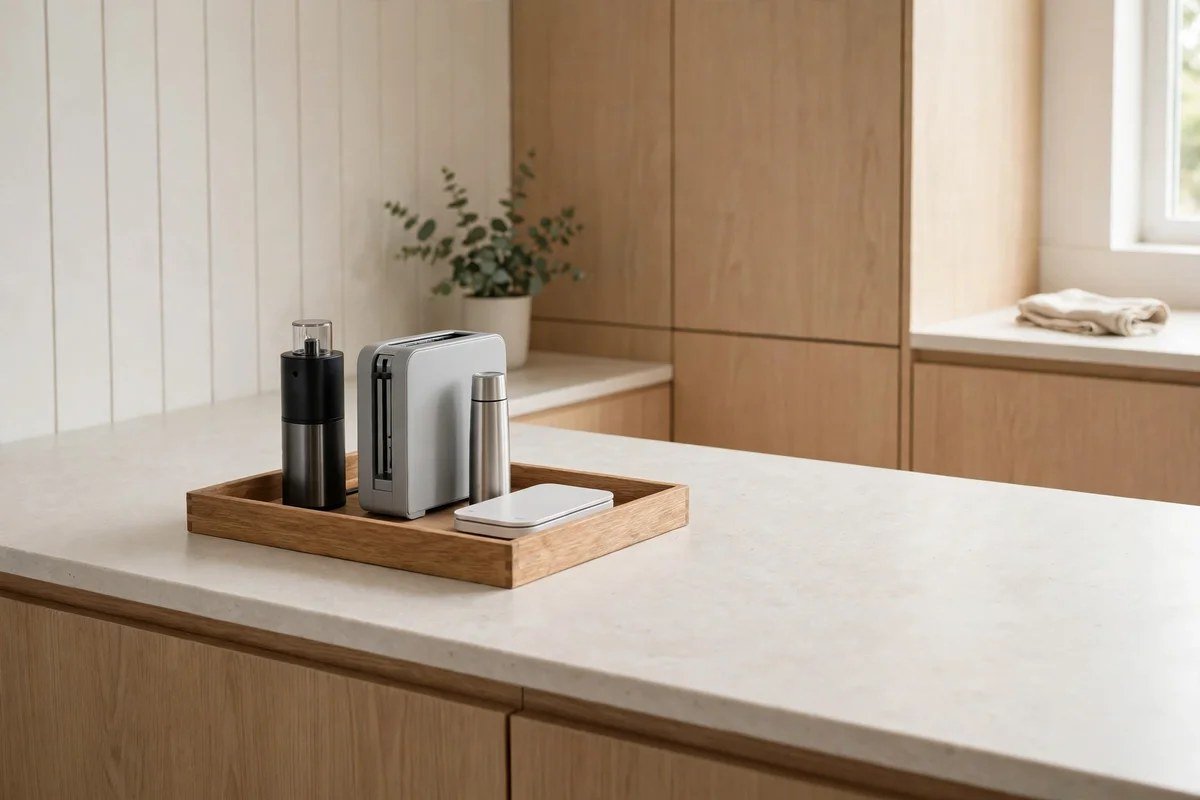 Small kitchen counter with slim appliances neatly corralled on a tray