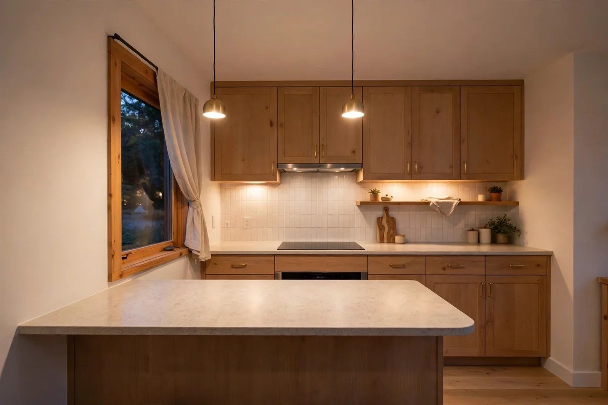 Small kitchen with two perfectly scaled pendant lights over a peninsula