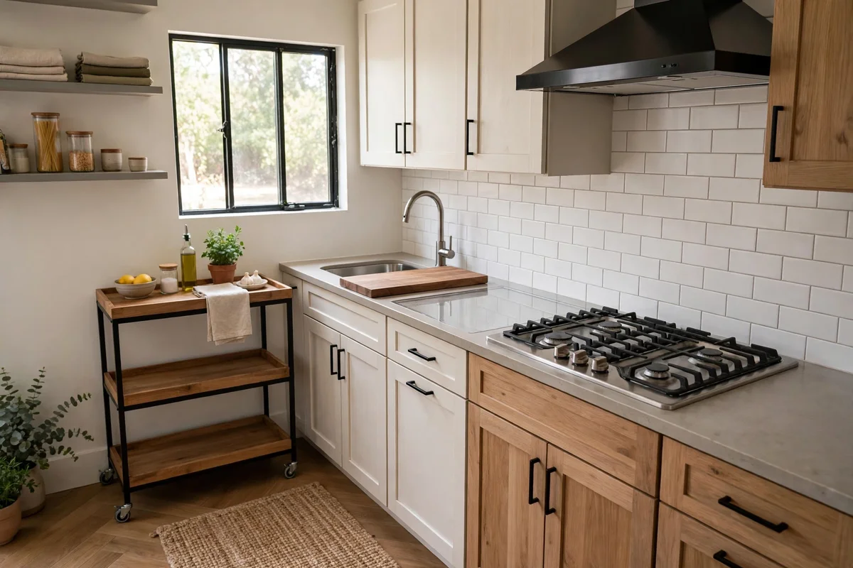 Small kitchen with clear landing zone and rolling cart for extra prep space