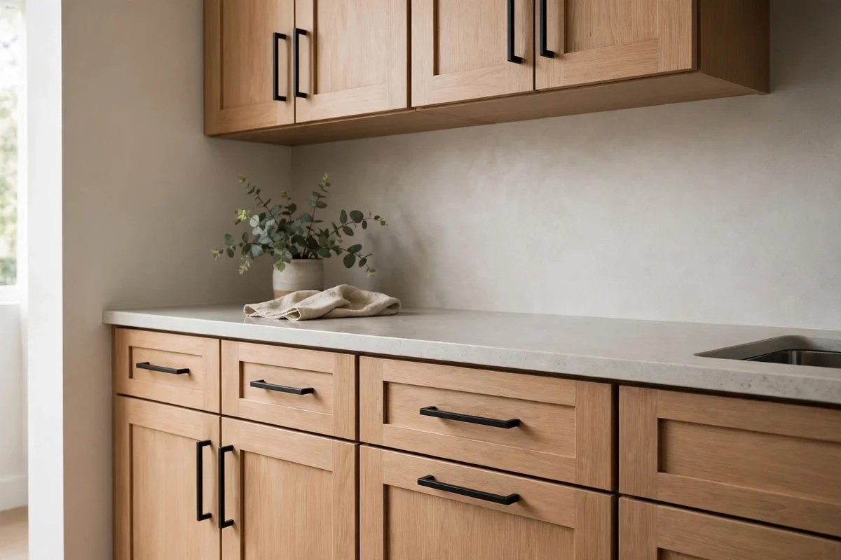 Small kitchen cabinets with unified matte black hardware pulls