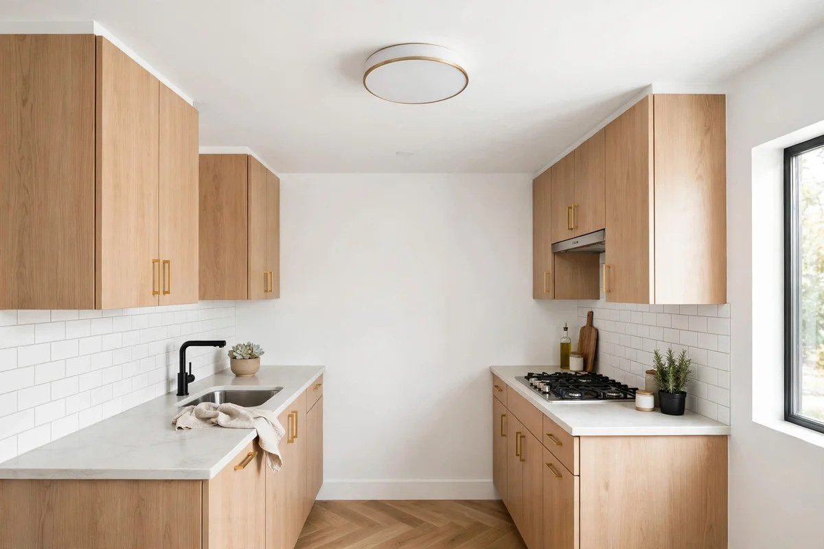 Small kitchen with freshly painted ceiling and clean modern flush-mount light