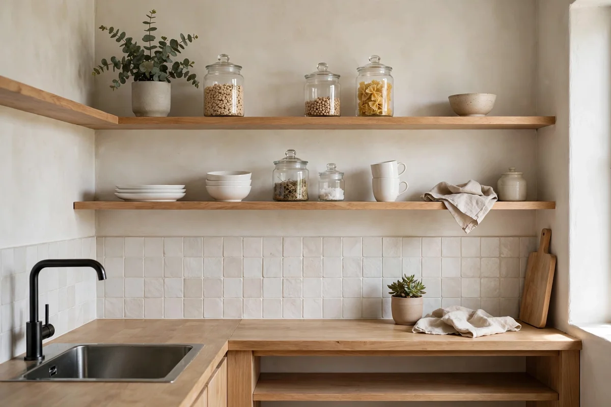 Small kitchen with beautifully styled open shelves and breathing room