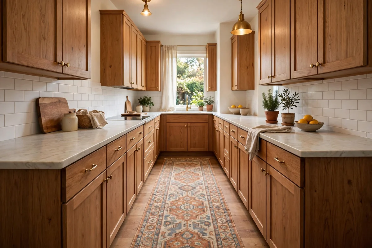 Galley kitchen with washable patterned runner adding warmth