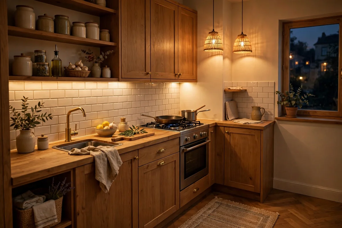 Small kitchen glowing with warm white lighting in the evening