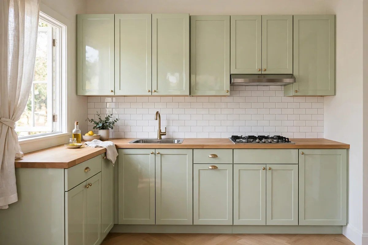 Small kitchen cabinets painted in wipeable satin finish
