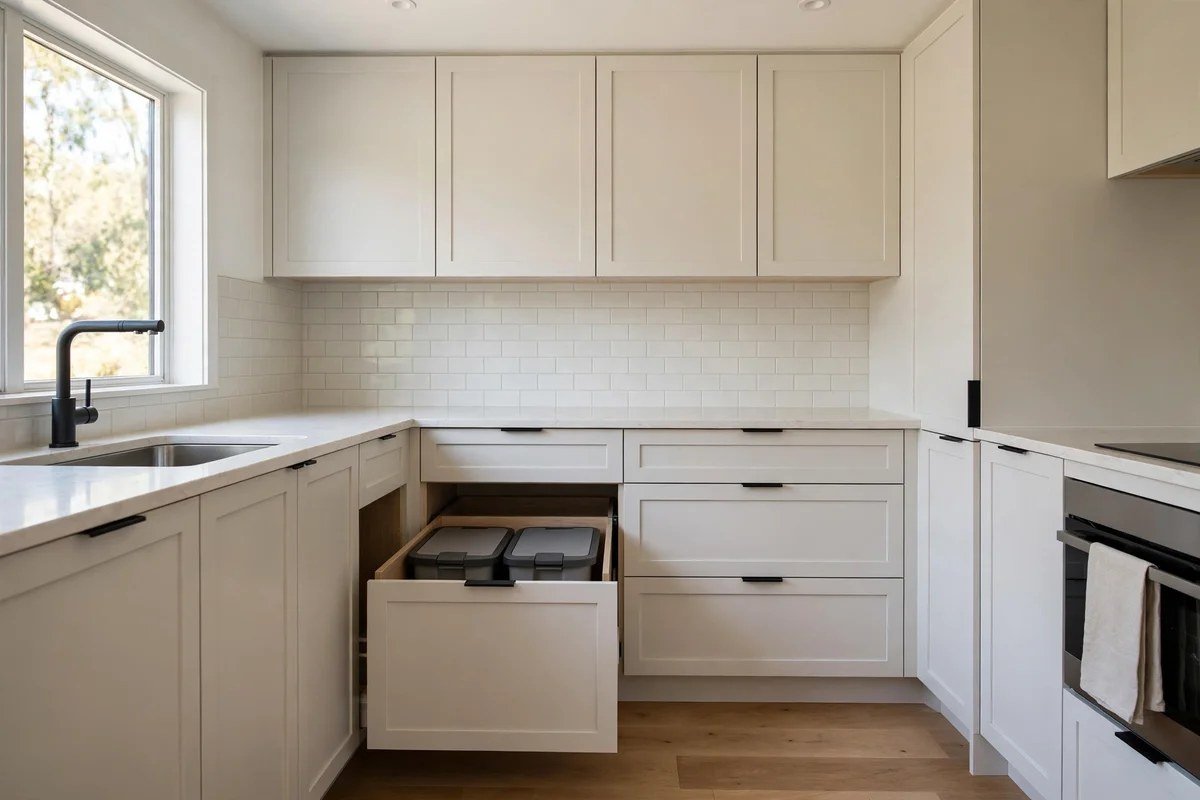 Small kitchen with trash discreetly hidden in pull-out cabinet