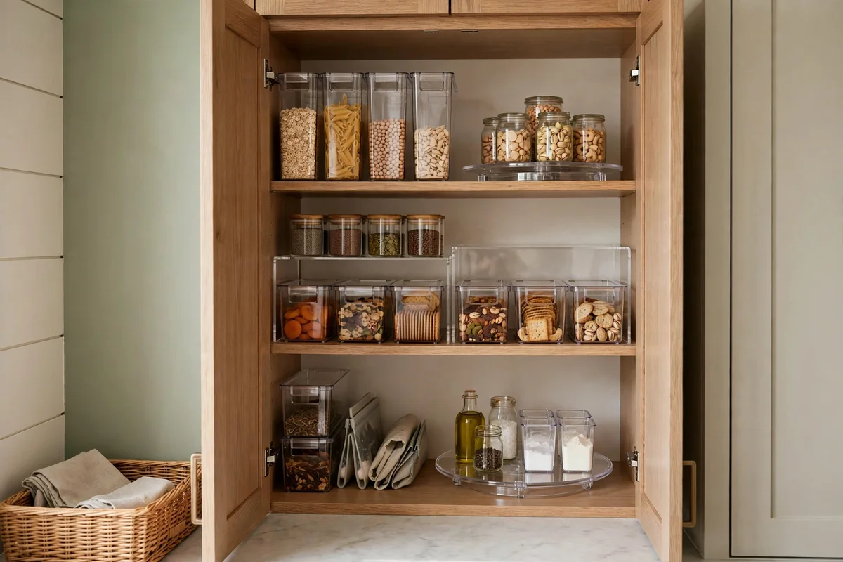 Small kitchen pantry with labeled bins and turntables neatly organized