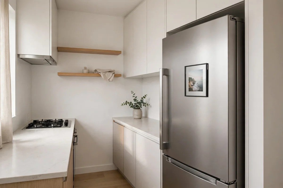 Small kitchen with clean stainless fridge and minimal magnetic frame