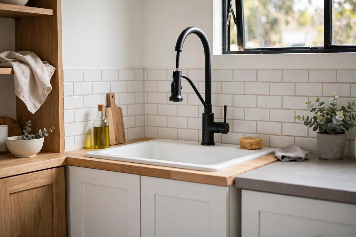 Small kitchen sink with modern high-arc pull-down faucet