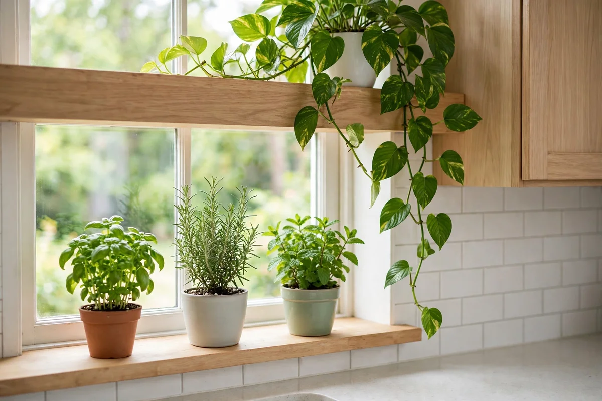Small kitchen windowsill with potted herbs and trailing pothos plant