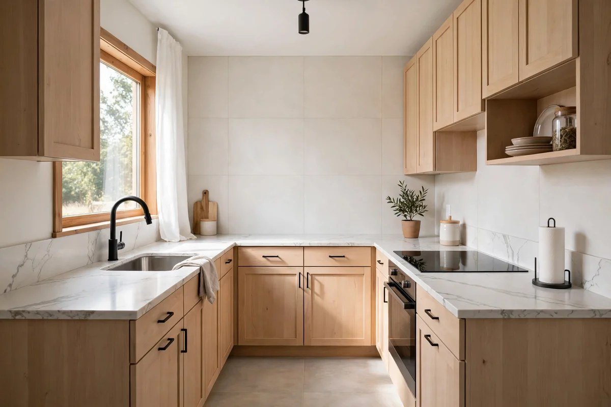 Small kitchen with durable quartz counters and easy-clean surfaces